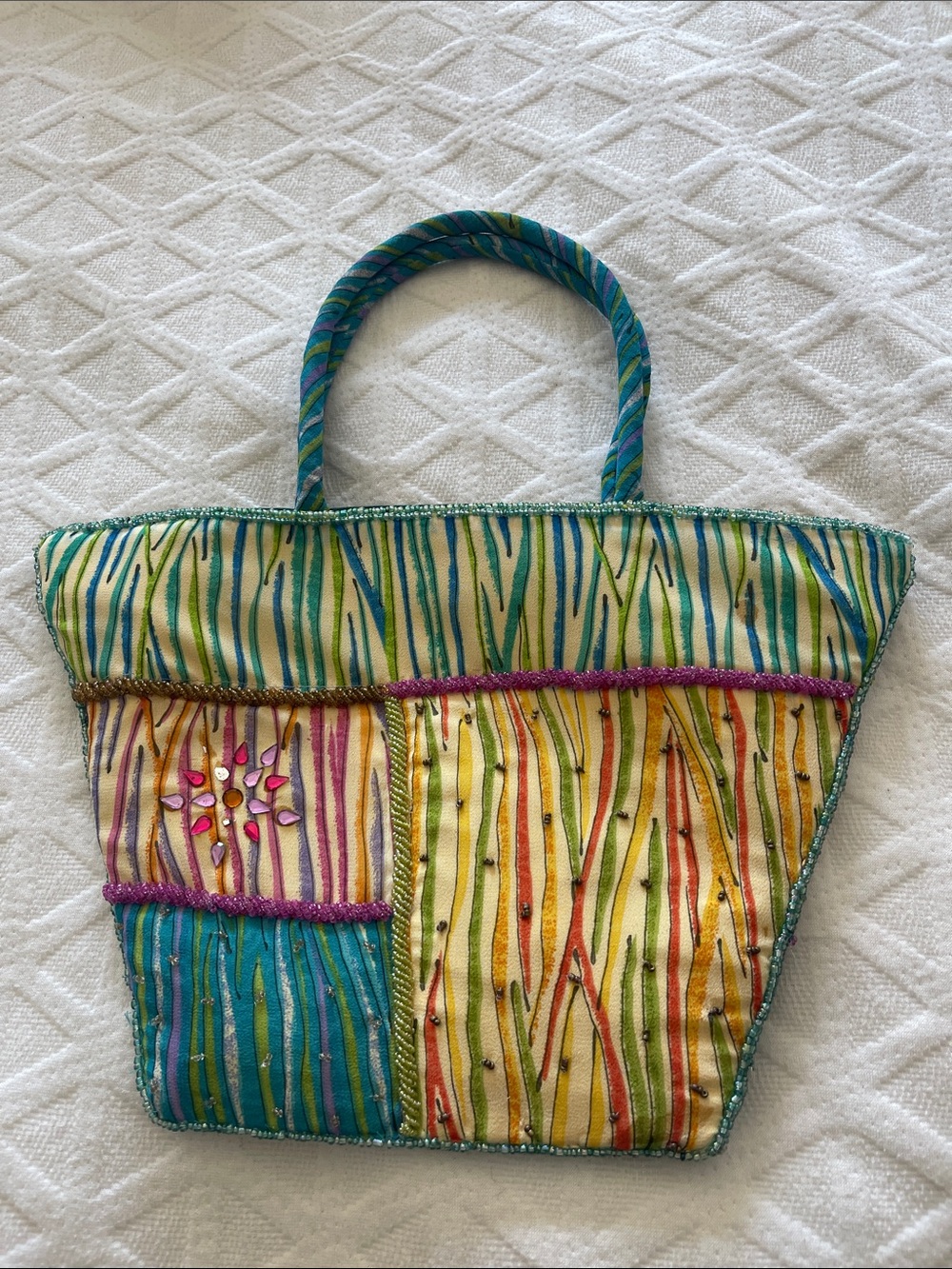 Colorful Striped Patchwork Tote - Multicolor Summer Handbag - Picture 4 of 9